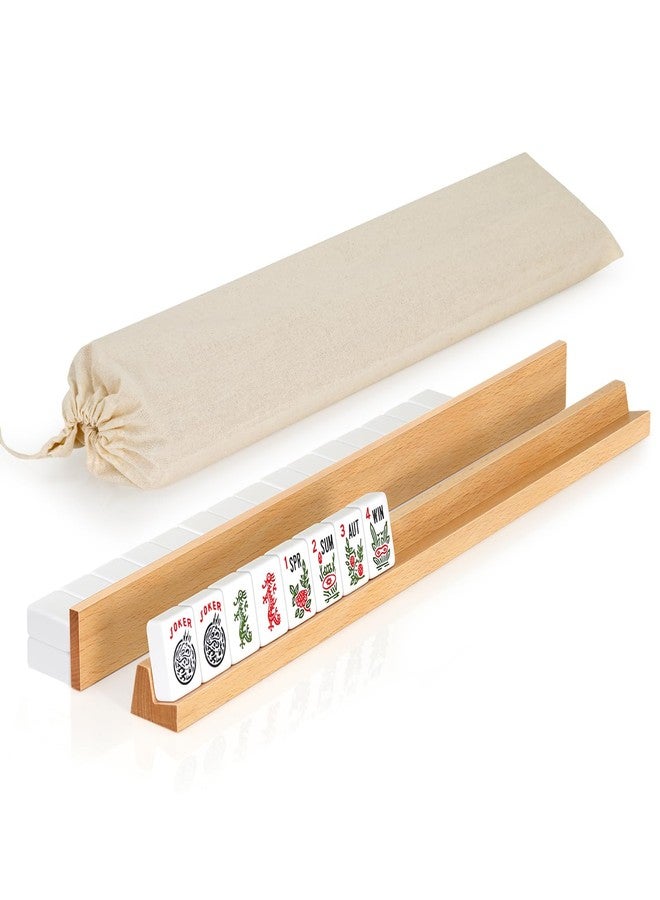 QUEENLINK Beechwood Mahjong Racks with Pushers Set of 4, 17 Inches Classic Wooden Mahjong Tile Holder with Storage Bag, All-in-One Tile Rack for American Mahjong, Dominoes, Mexican Train - Image 1